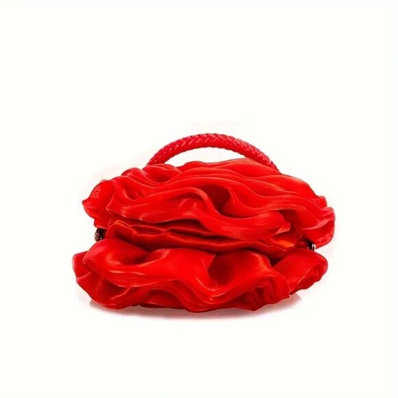 Prom / Wedding Red Rose Satin Clutch Elegant Floral Evening Bag w/ Handle - Picture 11 of 12